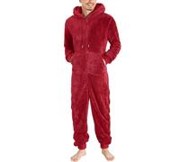 Herren Jumpsuit Kuschelig Lang Pyjama Winter Warm Plüsch Overall Schlafanzug Loungewear Bequemer Hausanzug Einfarbige Anzug Schlafoverall Reißverschluss Teddy Fleece Einteiler Herbst und Winter