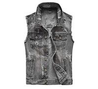 Herren Jungen Weste Jeansweste Denim Weste Vest Jeansjacke ohne Ärmel Freizeit Vintage Outdoors Löcher Distressed Slim Fit Ärmellos Freizeitjacke,Grau,XL