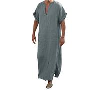 Herren Kaftan Arabische, V-Ausschnitt Herren Kaftan Seite Split Kurzarm Robe Baumwolle mit Taschen Orientalische Eleganter Kleidung, Männer Hemd Mantel Jalabiya Kaftan Abaya, Kaftan Kleid