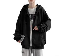 Herren Kapuzenjacke Aus Plüsch Offene Strickjacke Sportlich Lose Passform Hong Kong Style Warme Winter Jacke für Freizeit und Alltag Grau Schwarz(L Plush Black)