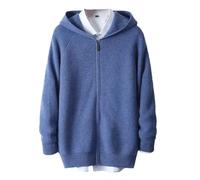 Herren-Kapuzenpullover, 100 % Wolle, lange Ärmel, dick, Strickjacke, Reißverschluss, lässig, warm, blau, S