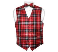 Herren Kariertes Design Kleid Weste & Fliege Schwarz Rot Weiß Fliege Set - - XX-Large