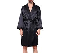 Herren Kimono Satin Robe Langarm Nachtwäsche Negligee Lang Sleepwear V Ausschnitt mit Gürtel,Einteiliges Seidennachthemd Sommer Dünnes Langärmeliges Nachthemd,Schwarz,XL
