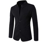 Herren Kragenloser Blazer Klassisch Knopf Slim Fit Anzugsjacke Schwarz L
