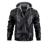 Herren Kunstlederjacke mit Stehkragen Motorrad Bomberjacken mit abnehmbarer Kapuze Lässiger warmer Wintermantel (Schwarz,M)