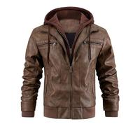 Herren Kunstlederjacke mit Stehkragen Motorrad Bomberjacken mit abnehmbarer Kapuze Lässiger warmer Wintermantel (Braun,XXL)