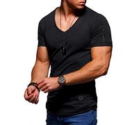 Herren Kurzarm Basic T-Shirt V-Neck Ausschnitt Oversize-Look Zipper 20-1791 Schwarz M