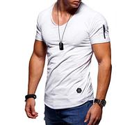 Herren Kurzarm Basic T-Shirt V-Neck Ausschnitt Oversize-Look Zipper 20-1791 Weiß M