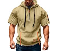 Herren Kurzarm Kapuzenpullover Casual T-Shirts mit Kordelzug Kapuze Jacke Reißverschluss Taschen Pullover Bequeme Baggy Sommerhoodie Atmungsaktives Kurzarmhemd(#A Khaki,L)