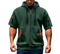 Herren Kurzarm Kapuzenpullover Casual T-Shirts mit Kordelzug Kapuze Jacke Reißverschluss Taschen Pullover Bequeme Baggy Sommerhoodie Atmungsaktives Kurzarmhemd(#C Dark Green,L)