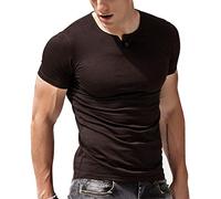 Herren Kurzarm T-Shirt Taste Knopfleiste Einfacher V-Ausschnitt Hemden Baumwolle Kaffee L