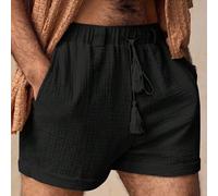 Herren Lässig Doppellagige Crêpe-Stoff Mittlere Taille mit Kordelzug und Gürtelschlaufen Loose Shorts, Herren Schwarze Shorts, Herren Shorts mit Korde