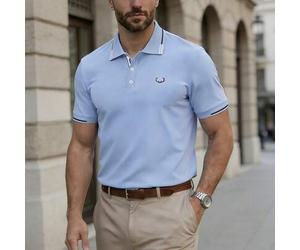 Herren Lässig Farbblocked Poloshirt mit kurzen Ärmeln, Herren Hellblau Sommer Poloshirt, Preppy gemustertes Poloshirt, Herren Knopf-Poloshirt aus Stri