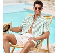 Herren Lässig gestreiftes Hemd mit Stehkragen, Kurzarm 7-Knopf Design Top, kombiniert mit weichen einfarbigen Shorts, 2-teiliges Set