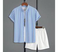 Herren Lässig gestreiftes Hemd mit Stehkragen, Kurzarm 7-Knopf Design Top, kombiniert mit weichen einfarbigen Shorts, 2-teiliges Set