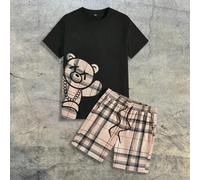 Herren Lässig Karo Cartoon Bären Muster Kurzarm T-Shirt und Shorts mit Tunnelzug, Sommer