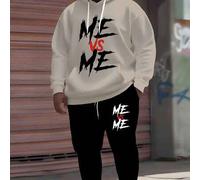 Herren Lässig Sportanzug in Große Größen, Loose Fit "ME VS ME" Buchstaben Muster Hoodie und Jogginghose 2-teiliges Set, Streetstyle