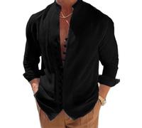 Herren-Langarm-Leinenhemd, Knopfleiste, lockere Passform, Vintage-Shirt, gebänderter Kragen, hochelastisches Oberteil, Henley-Hemd, A-Schwarz, 3X-Groß
