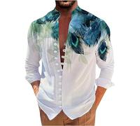 Herren-Langarm-Leinenhemd, Knopfleiste, lockere Passform, Vintage-Shirt, gebänderter Kragen, hohe elastische Oberteile, Henley-Hemd, Pfau, 4X-Groß