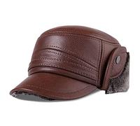Herren Leder Fliegermützen Mit Ohrenschutz Winter Fleece Mützen Warm Kappe Wasser- und Winddicht (Color : Brown, Size : 55-56)