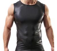 Herren Leder Tank Top Geschnürt Leder ärmelloses Shirt Runder Hals Herren Kunstleder Weste Unterhemden Rave Tanz Herren-Unterhemd aus Kunstleder, Wet-Look ärmellos Tank-Top Clubwear