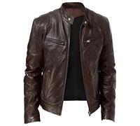 Herren-Lederjacke, Kunstleder-Bikerjacke, langärmelig, schmale Passform, Vintage-Lederjacken, Stehkragen, Used-Look, Bomberjacke, warmer Mantel für Herren, Fleecefutter für Herbst und Winter, braun, L