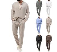 Herren Leinen 2-teiliges Sale Men Lange Ärmel Shirt Button-Up Hemd Henley-Shirt Elastische Hosen Taille mit Kordelzug Einfarbige Lässiges Sportanzug mit Hose Hausanzug Freizeitanzug Jogginganzug