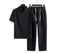 Herren Leinen Anzug 2-teilig Kurzarm Freizeitanzug Sommer Set mit Elastischer Taille für Urlaub Strand L-4XL(Black L)