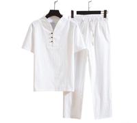 Herren Leinen Anzug 2-teilig Kurzarm Freizeitanzug Sommer Set mit Elastischer Taille für Urlaub Strand L-4XL(White 4XL)