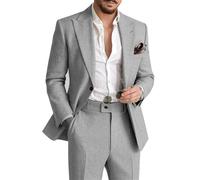 Herren-Leinenanzug, 2-teilig, Freizeitanzug für Herren, Sommer, Strand, Bräutigam, Hochzeit, Anzug, Leinen, Blazer, Hosen-Set, GRAU, XX-Large
