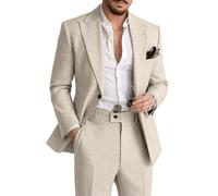 Herren-Leinenanzug, 2-teilig, Freizeitanzug für Herren, Sommer, Strand, Bräutigam, Hochzeit, Anzug, Leinen, Blazer, Hosen-Set, Beige, M