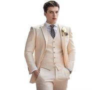 Herren Leinenanzug 3-teilig Sommer Slim Fit Retro Blazer Anzüge Set Strand Hochzeit Party Trauzeugen Abschlussball Jacke Weste Hose, Beige, XX-Large