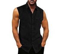 Herren Leinenhemd Ärmellos Sommer Hemd Shirt Stehkragen Shirts Tank Tops Basic Mann Tshirt Leinen Lose Atmungsaktiv Bequem Freizeithemd Strand Top Schwarz L