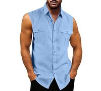 Herren Leinenhemd Ärmellos Sommer Hemd Shirt Stehkragen Shirts Tank Tops Basic Mann Tshirt Leinen Lose Atmungsaktiv Bequem Freizeithemd Strand Top Blau L