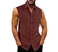 Herren Leinenhemd Ärmellos Sommer Hemd Shirt Stehkragen Shirts Tank Tops Basic Mann Tshirt Leinen Lose Atmungsaktiv Bequem Freizeithemd Strand Top Wein L