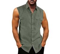 Herren Leinenhemd Ärmellos Sommer Hemd Shirt Stehkragen Shirts Tank Tops Basic Mann Tshirt Leinen Lose Atmungsaktiv Bequem Freizeithemd Strand Top Grün L