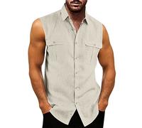 Herren Leinenhemd Ärmellos Sommer Hemd Shirt Stehkragen Shirts Tank Tops Basic Mann Tshirt Leinen Lose Atmungsaktiv Bequem Freizeithemd Strand Top Beige 3XL