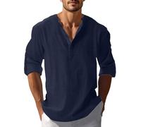 Herren Leinenhemd Einfarbig Baumwolle Leinen Hemd Vintage Button Down Henley Shirts Regular Fit Businesshemd Casual Leicht Sommerhemd Bequeme Freizeithemd