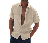 Herren Leinenhemd Hemd Kurzarm Hemd Sommer Leinen Baumwolle Freizeithemd Sommerhemd Leinen Kurzarmhemd Stehkragenhemd Regular Fit Männer Tops Trachtenhemd Khaki L
