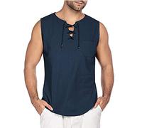 Herren Leinenhemd Kurzarm aus Baumwolle Kurzarmhemd Mittelalter Mit Schnürung Regular Fit T-Shirt Sommer Strand Shirt Einfarbig Freizeithemd