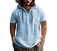 Herren Leinenhemd Kurzarm Baumwolle Leinen Shirt Männer Freizeithemd Regular Fit Strand Sommerhemd Hawaii Hemden Sommer Freizeithemden Mit Kapuze Leinen Hoodie Dünn Einfarbig Henley Shirt