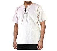 Herren Leinenhemd Kurzarm Sommer Mittelalter Shirt Sommerhemd Leinen Baumwolle Freizeithemd Sommerhemd Leinen Kurzarmhemd Stehkragenhemd Regular Fit Trachtenhemd Weiß 3XL