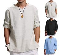 Herren Leinenhemd Sommer Baumwolle Leinen Henley Shirt Casual Hippie Beach Langarm T-Shirts Herren Einfarbig Basic Shirt Freizeit Sommershirts