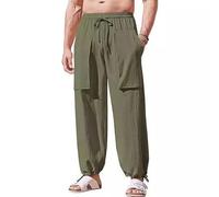Herren-Leinenhose Herren-Haremshose aus Leinen Baggy Hippie Casual Leinen Yoga Hose Vintage Jogger mit Verstellbarer Elastischer Taille Leicht Strandhose mit Kordelzug und Taschen Casual Gerades