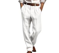 Herren Leinenhose Sommer Leicht Atmungsaktiv Hosen Lang Sommerhose Loose Fit Freizeithose Leinen Baumwolle Hose Einfarbig Stoffhose Lässige Urlaub Strandhosen Komfortabel Sporthose Männer(Weiß,S)