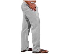 Herren Leinenhose Sommer Leicht Atmungsaktiv Hosen Lang Sommerhose Loose Fit Freizeithose Leinen & Baumwolle Hose Einfarbige Stoffhose Freizeit Strandhosen mit Taschen und Kordelzug(#A Light Gray,4XL)
