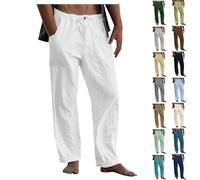 Herren Leinenhose Sommer Leichte Atmungsaktiv Hosen mit Kordelzug Loose Sommerhose Freizeithose Leinen & Baumwolle Hose Einfarbiges Stoffhose Casual Urlaub Strandhosen mit Taschen(#A White,S)