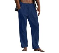 Herren Leinenhose Sommer Leichte Atmungsaktiv Hosen mit Kordelzug Loose Sommerhose Freizeithose Leinen & Baumwolle Hose Einfarbiges Stoffhose Casual Urlaub Strandhosen mit Taschen(#D Dark Blue,4XL)