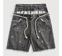 Herren Loose Fit Denim-Shorts mit doppeltem Bund und funkelnden Diamanten