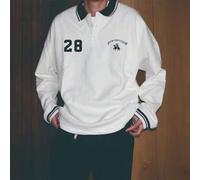 Herren Loose Fit Poloshirt mit Buchstaben-Grafik und gestreifter Bordüre, Langarm Farbblock Urban Lässig Poloshirt, Freund Geschenk, Herbst